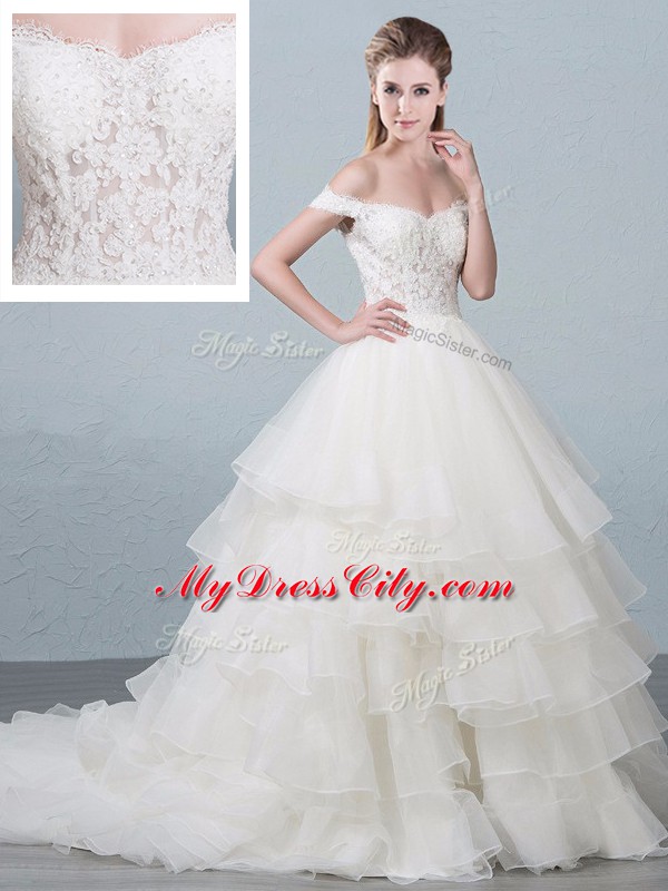 Sleeveless Lace and Ruffled Layers Lace Up Wedding Dress with White Brush Train