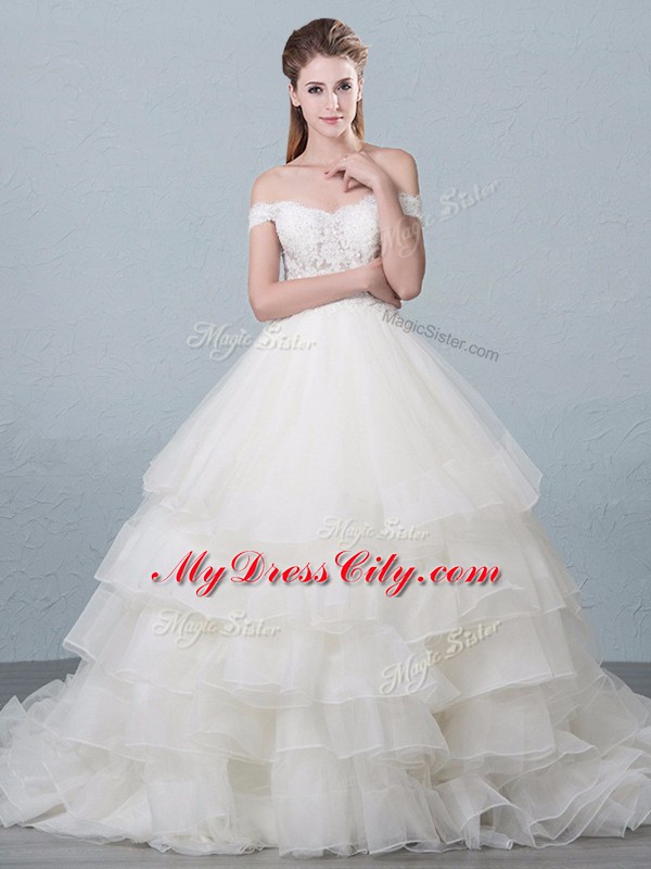 Sleeveless Lace and Ruffled Layers Lace Up Wedding Dress with White Brush Train