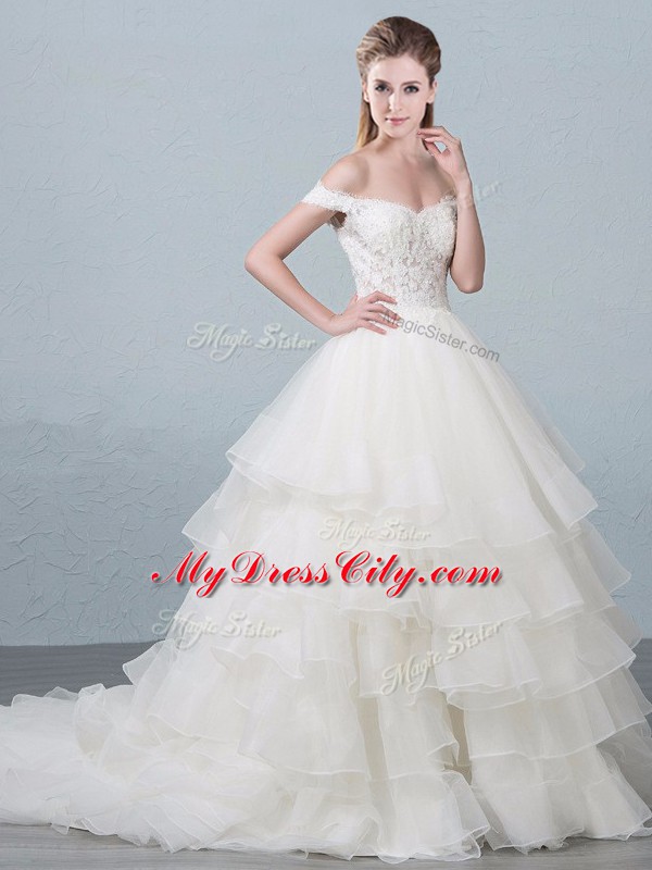 Sleeveless Lace and Ruffled Layers Lace Up Wedding Dress with White Brush Train