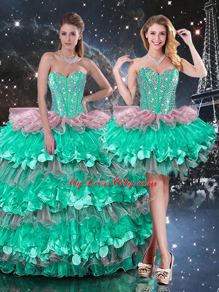 Multi-color Ball Gowns Beading and Ruffles and Ruffled Layers Quinceanera Gowns Lace Up Organza Sleeveless Floor Length