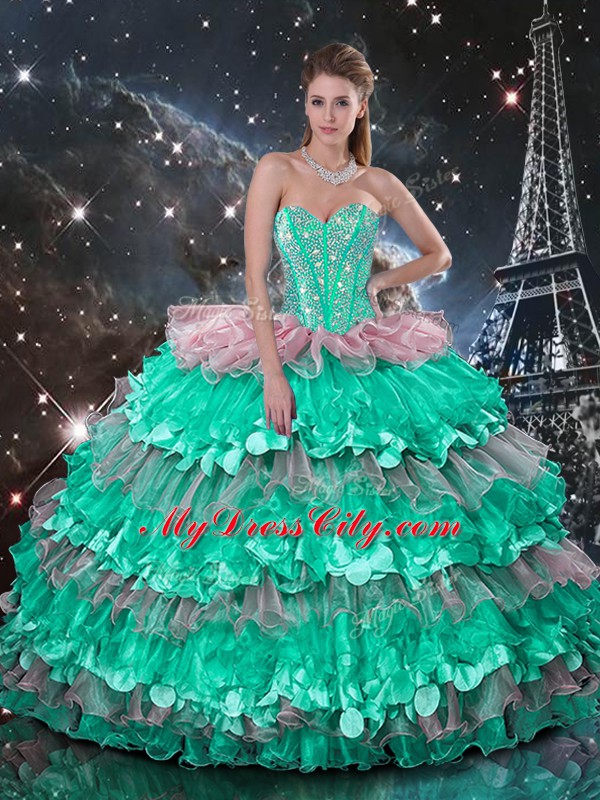 Multi-color Ball Gowns Beading and Ruffles and Ruffled Layers Quinceanera Gowns Lace Up Organza Sleeveless Floor Length