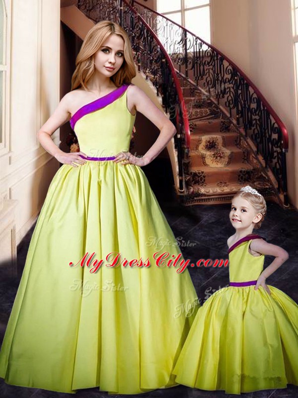 Yellow Satin Lace Up One Shoulder Sleeveless Floor Length Prom Dress Ruching