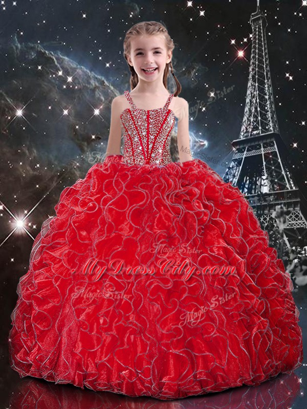 Straps Sleeveless Lace Up Girls Pageant Dresses Coral Red Organza