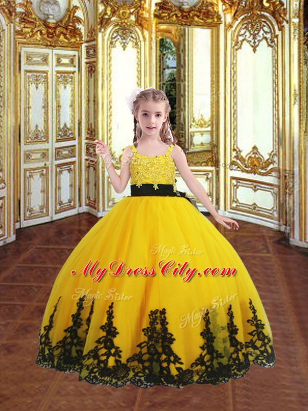 Fashionable Sleeveless Floor Length Lace and Appliques Zipper Custom Made Pageant Dress with Gold