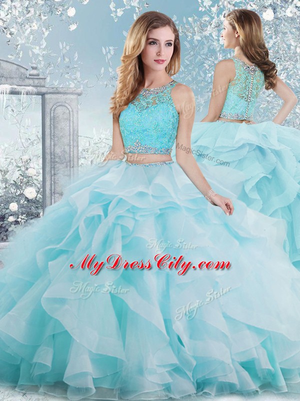 Luxurious Floor Length Ball Gowns Sleeveless Aqua Blue Vestidos de Quinceanera Clasp Handle