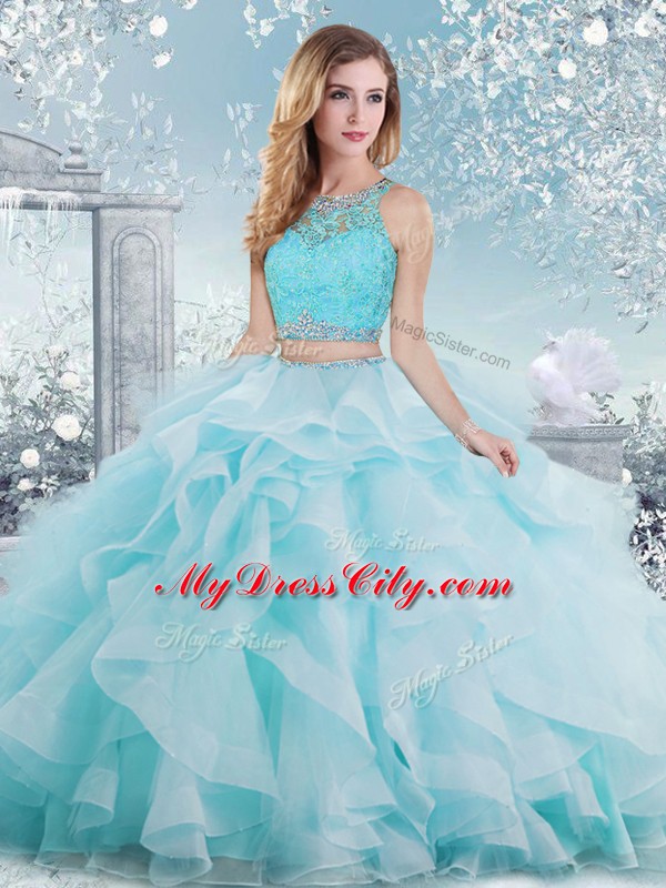 Luxurious Floor Length Ball Gowns Sleeveless Aqua Blue Vestidos de Quinceanera Clasp Handle