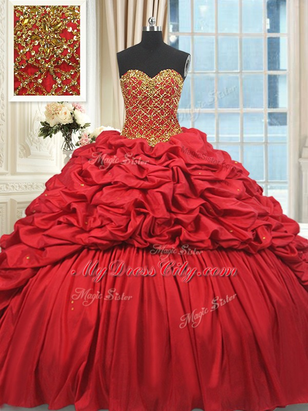 Red Sleeveless Beading and Pick Ups Lace Up Quinceanera Dresses