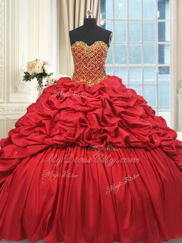 Red Sleeveless Beading and Pick Ups Lace Up Quinceanera Dresses