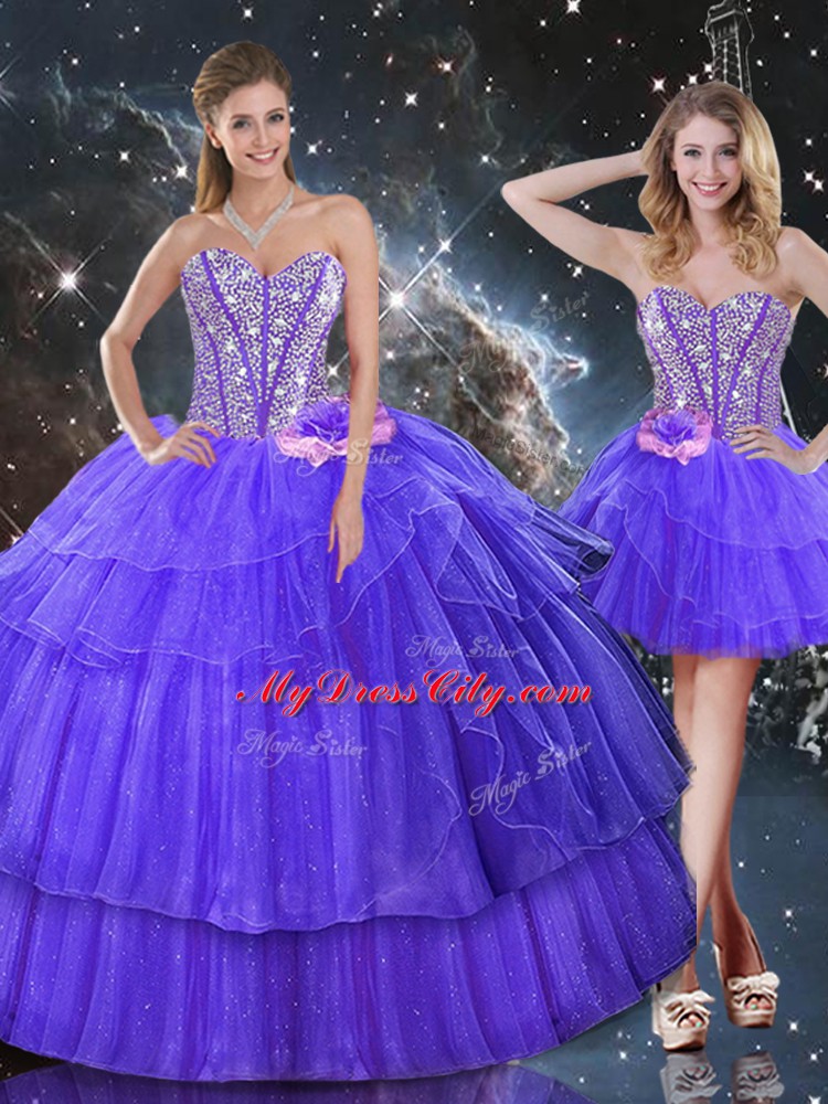 Chic Beading and Ruffled Layers Quinceanera Gown Purple Lace Up Sleeveless Floor Length