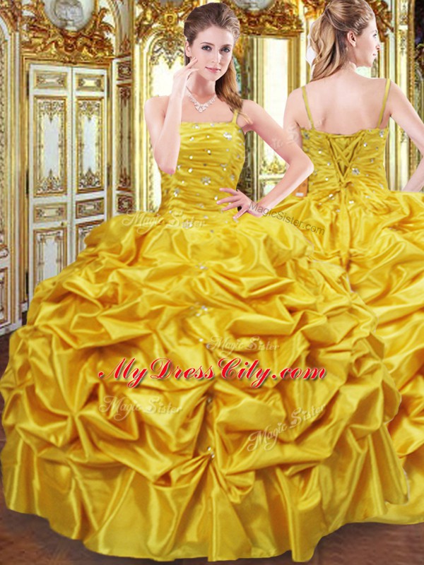 Gold Taffeta Lace Up Sweet 16 Dresses Sleeveless Floor Length Beading and Pick Ups