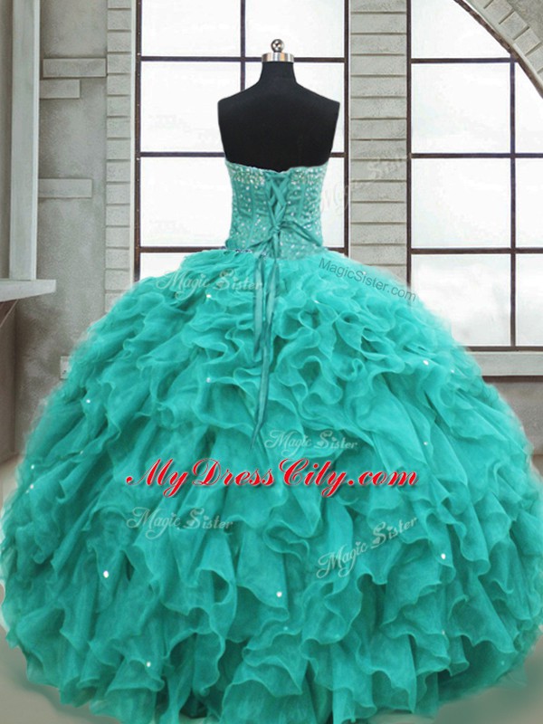 Discount Floor Length Lace Up Quince Ball Gowns Turquoise for Military Ball and Sweet 16 and Quinceanera with Beading and Ruffles