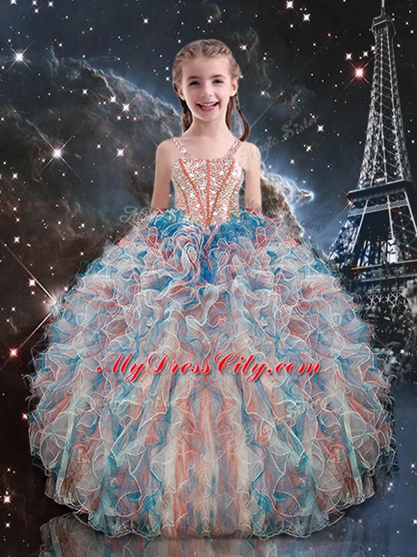 Custom Designed Multi-color Sleeveless Beading and Ruffles Floor Length Party Dress for Girls