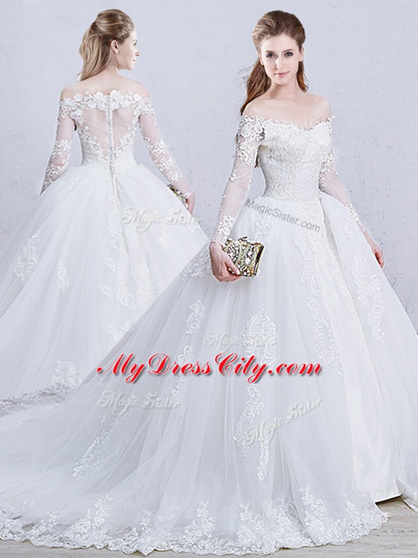 White Zipper Wedding Gown Lace and Appliques Long Sleeves Brush Train