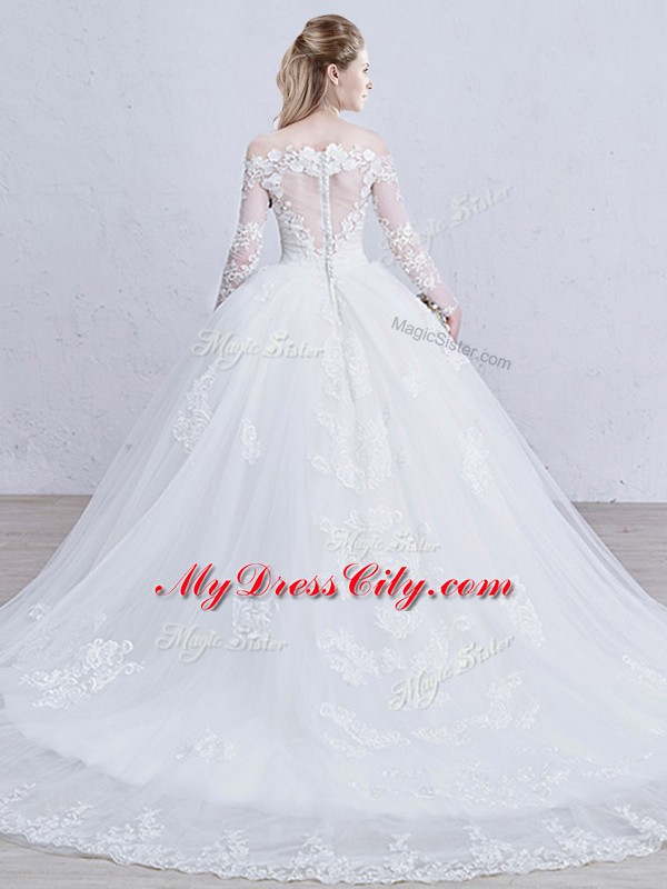 White Zipper Wedding Gown Lace and Appliques Long Sleeves Brush Train