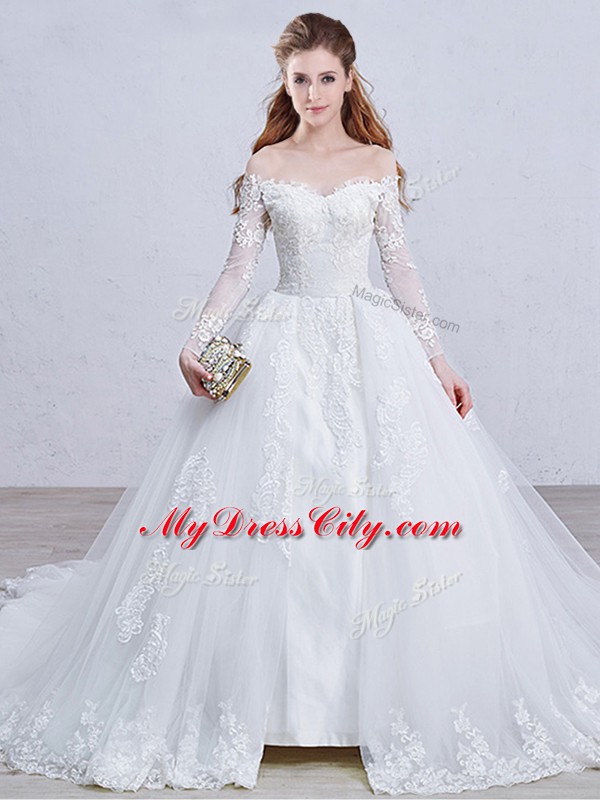 White Zipper Wedding Gown Lace and Appliques Long Sleeves Brush Train