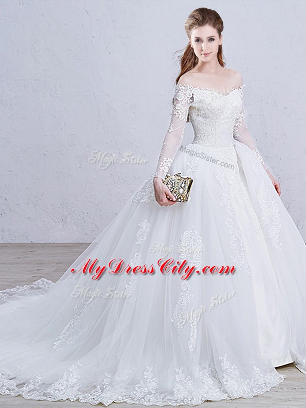 White Zipper Wedding Gown Lace and Appliques Long Sleeves Brush Train