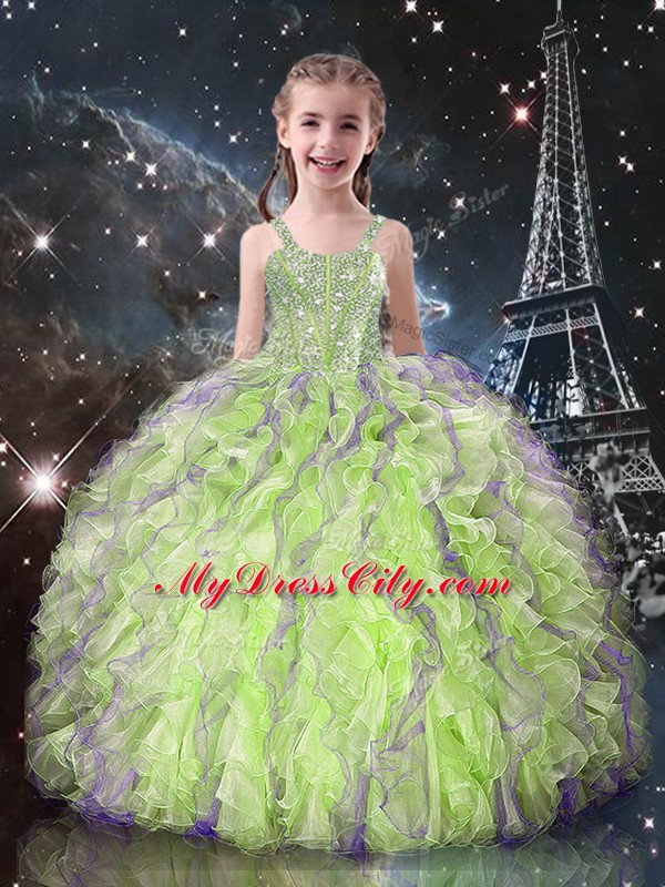 High Class Straps Sleeveless Lace Up Little Girls Pageant Dress Yellow Green Organza