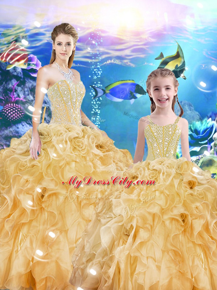 Chic Gold Organza Lace Up 15 Quinceanera Dress Sleeveless Floor Length Beading and Ruffles