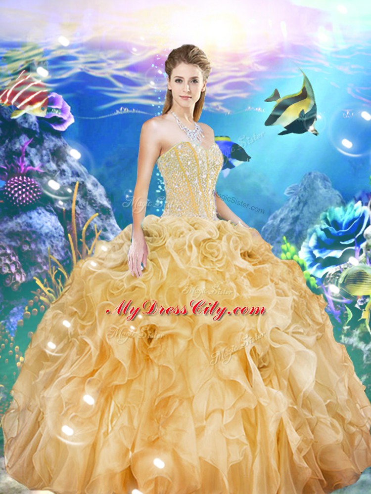 Chic Gold Organza Lace Up 15 Quinceanera Dress Sleeveless Floor Length Beading and Ruffles