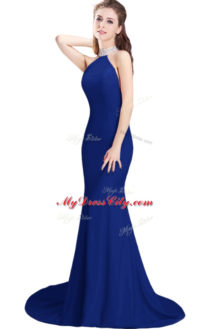 Elegant Side Zipper Royal Blue for Prom and Party with Beading Brush Train