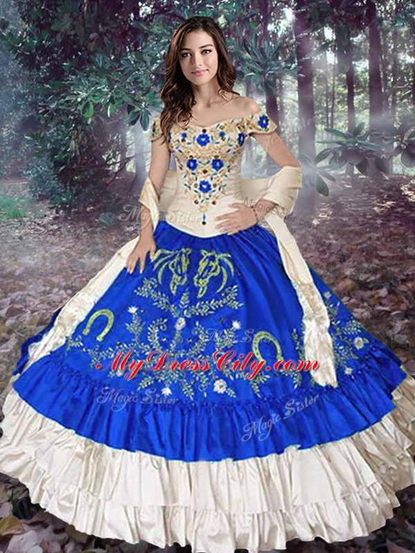 Off The Shoulder Sleeveless Lace Up Sweet 16 Dress Royal Blue Taffeta