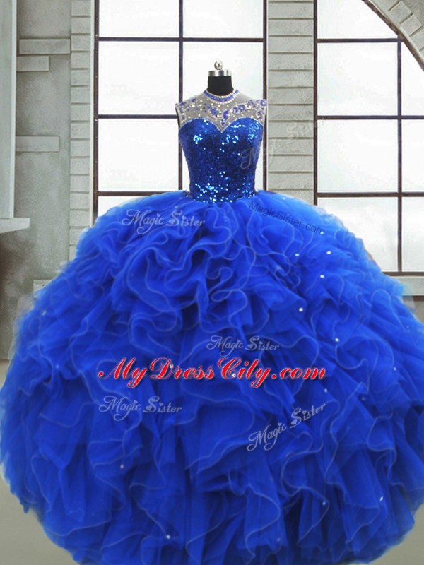 Floor Length Zipper Quinceanera Dress Royal Blue for Military Ball and Sweet 16 and Quinceanera with Ruffles and Sequins