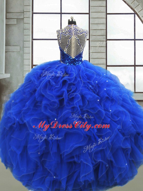 Floor Length Zipper Quinceanera Dress Royal Blue for Military Ball and Sweet 16 and Quinceanera with Ruffles and Sequins