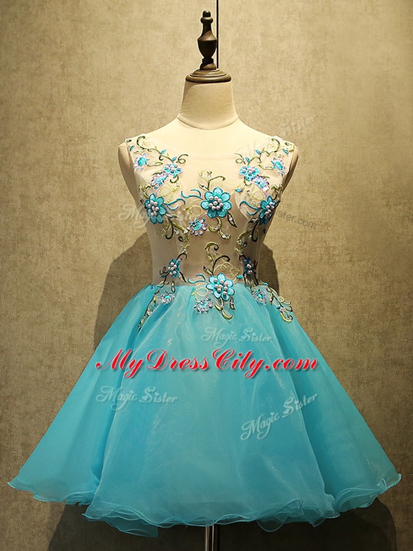 Glamorous Aqua Blue Sleeveless Mini Length Embroidery Lace Up