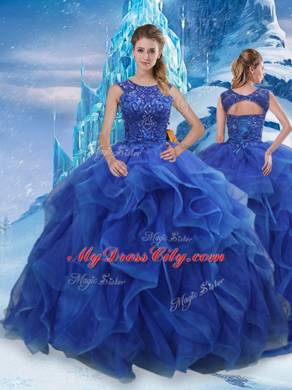 Latest Organza Scoop Sleeveless Lace Up Beading and Ruffles Ball Gown Prom Dress in Blue