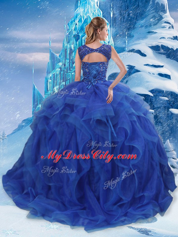 Latest Organza Scoop Sleeveless Lace Up Beading and Ruffles Ball Gown Prom Dress in Blue