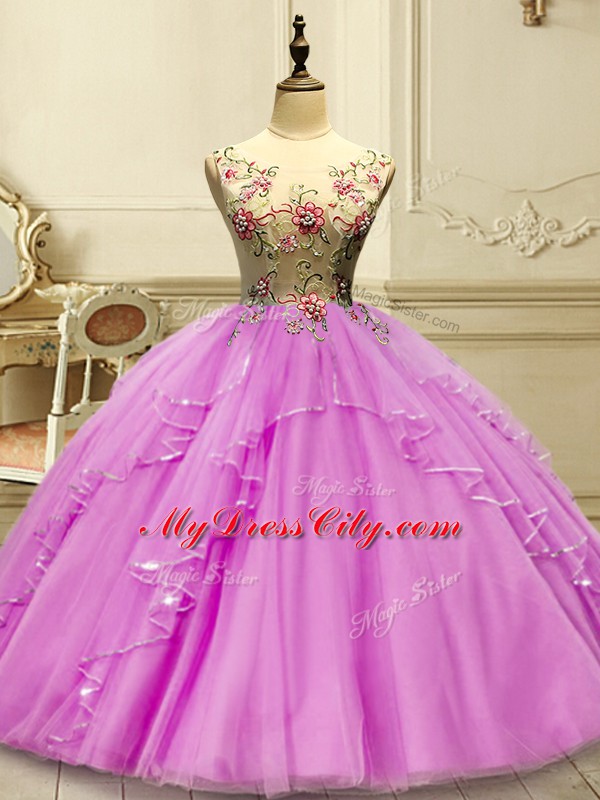 Sweet Lilac Sleeveless Tulle Lace Up Ball Gown Prom Dress for Military Ball and Sweet 16 and Quinceanera