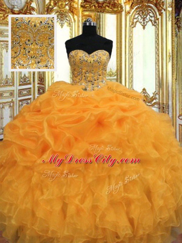 Sleeveless Floor Length Beading and Ruffles Lace Up Vestidos de Quinceanera with Orange