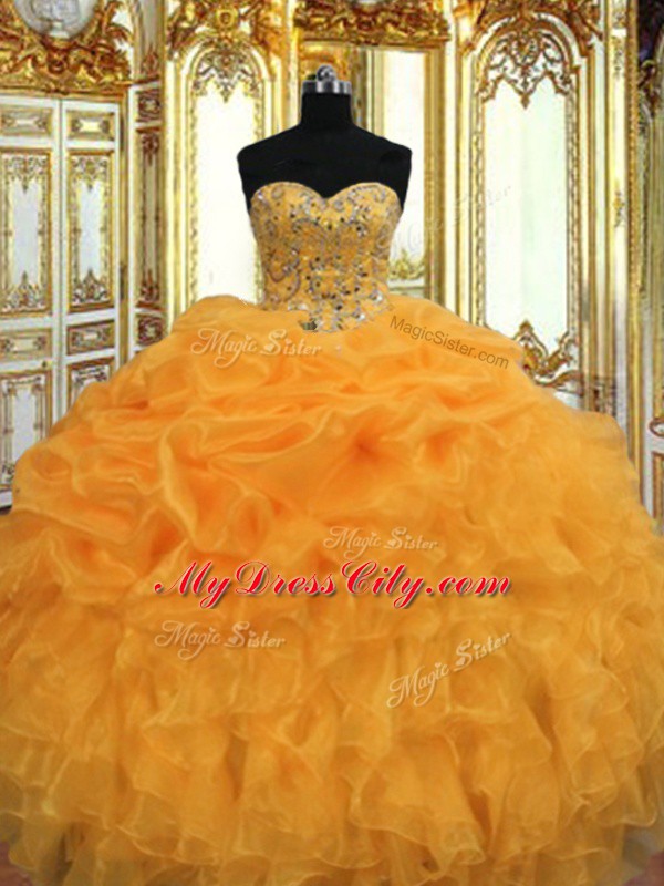 Sleeveless Floor Length Beading and Ruffles Lace Up Vestidos de Quinceanera with Orange