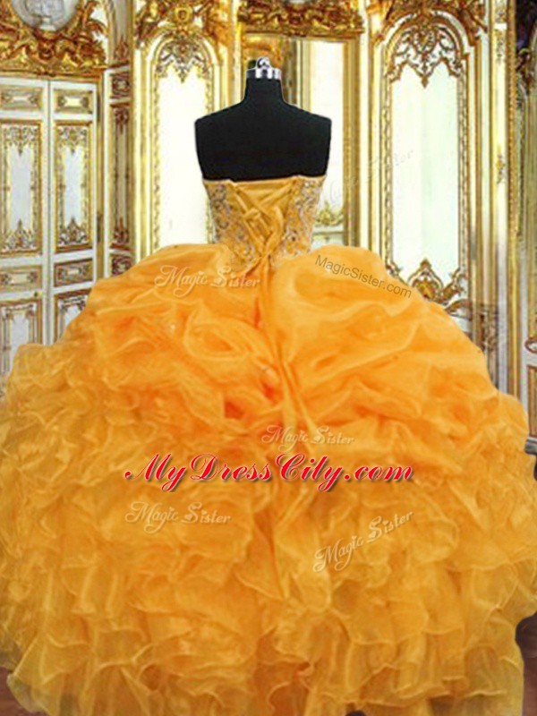 Sleeveless Floor Length Beading and Ruffles Lace Up Vestidos de Quinceanera with Orange