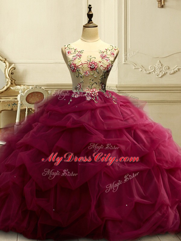 Floor Length Burgundy 15 Quinceanera Dress Scoop Sleeveless Lace Up