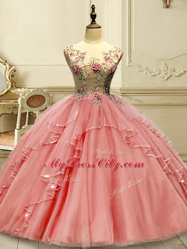 Watermelon Red Sleeveless Appliques Floor Length Quinceanera Dress