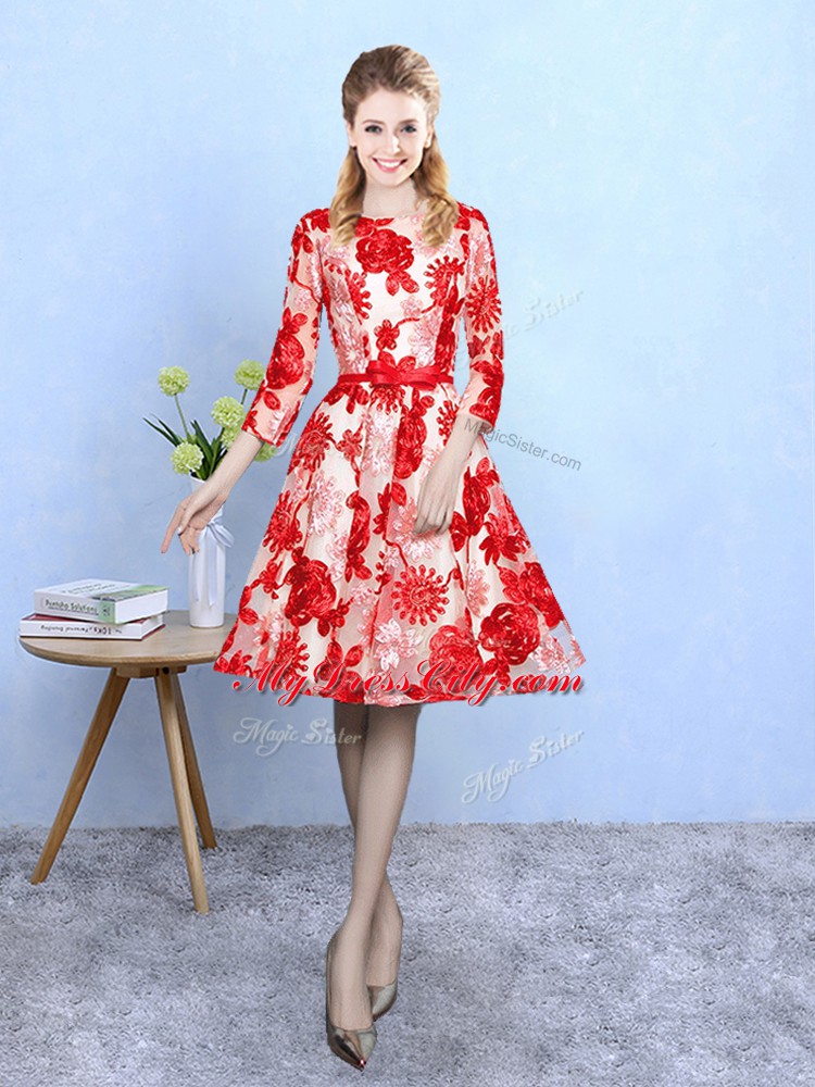 High Class Printed Scoop 3 4 Length Sleeve Lace Up Pattern Damas Dress in Red