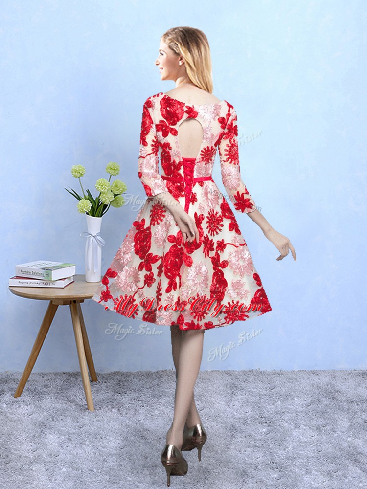 High Class Printed Scoop 3 4 Length Sleeve Lace Up Pattern Damas Dress in Red