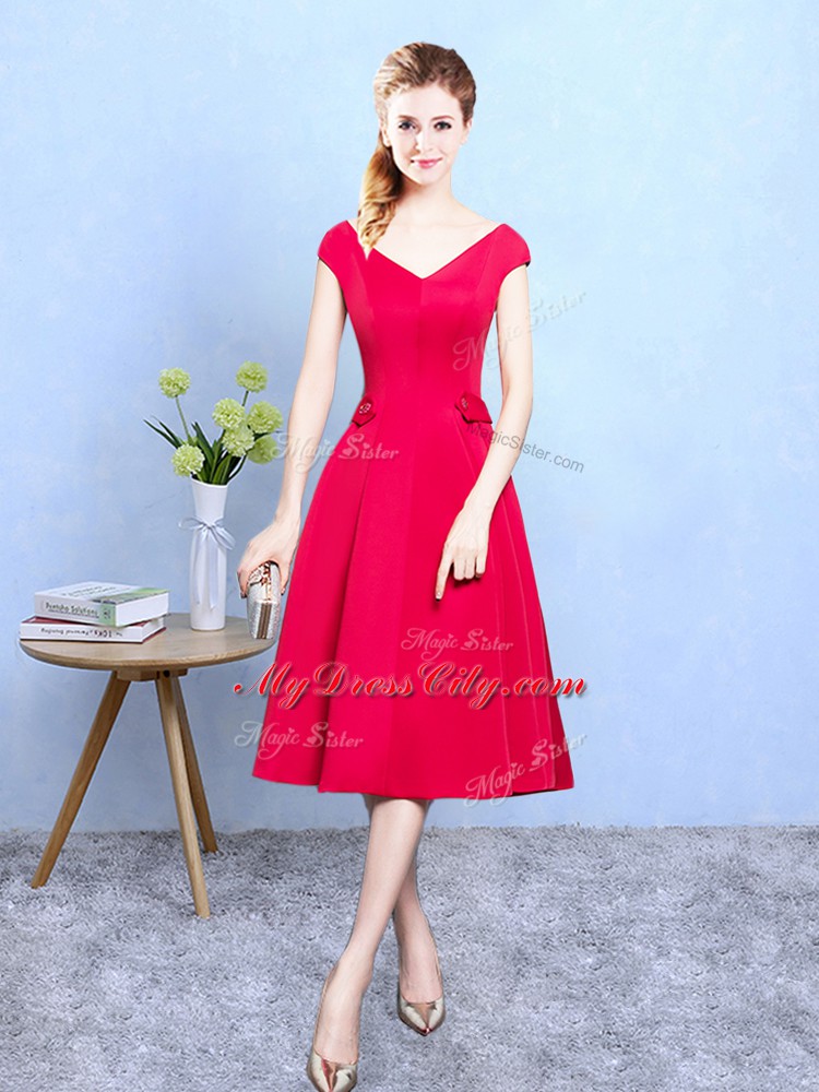 Red Empire Ruching Quinceanera Dama Dress Zipper Satin Cap Sleeves Tea Length