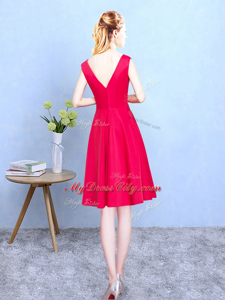 Red Empire Ruching Quinceanera Dama Dress Zipper Satin Cap Sleeves Tea Length