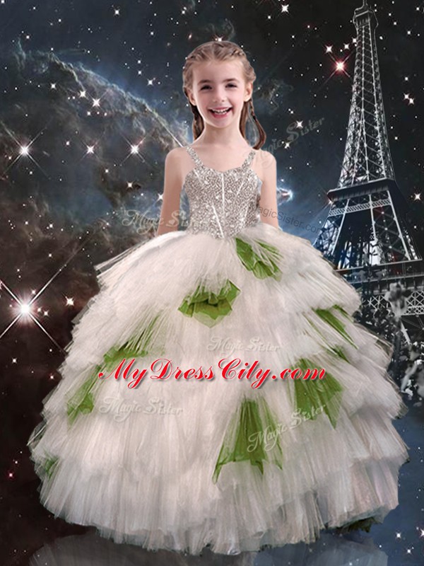 Sleeveless Floor Length Beading and Ruffled Layers Lace Up Little Girls Pageant Dress Wholesale with White