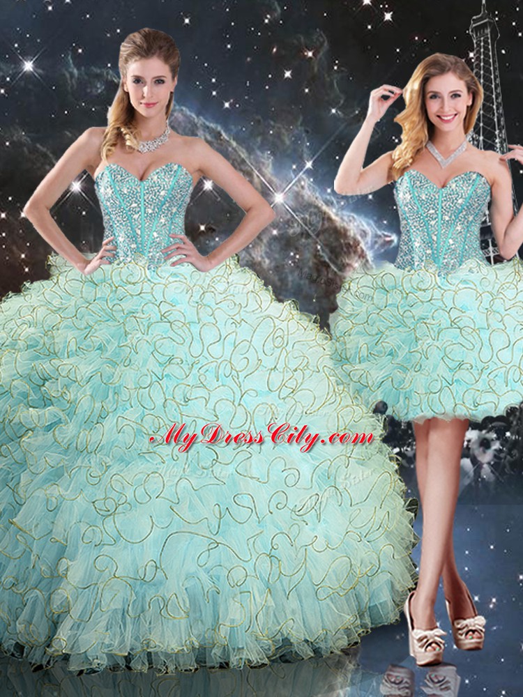 Inexpensive Turquoise Sweetheart Lace Up Beading and Ruffles Sweet 16 Quinceanera Dress Sleeveless