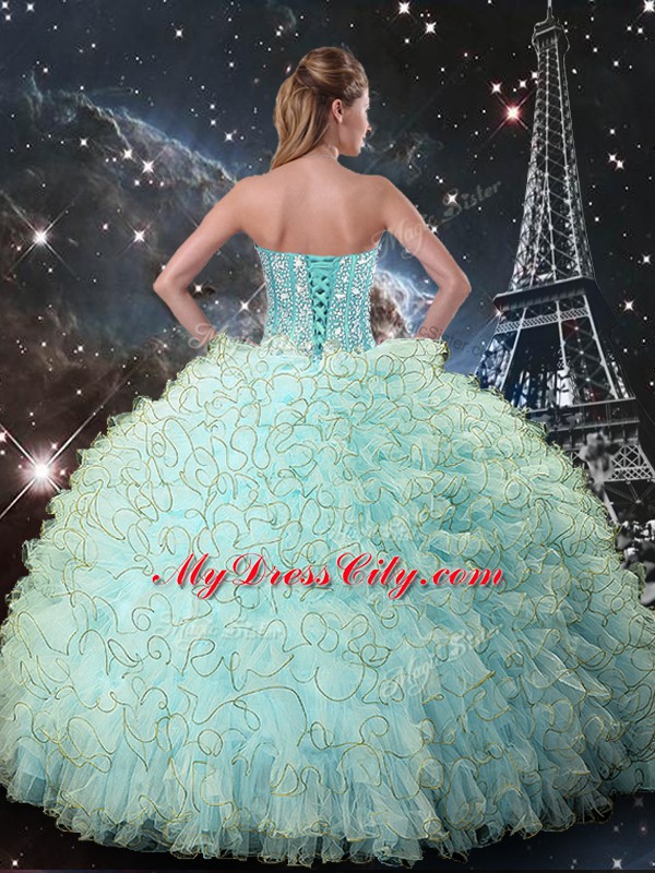 Inexpensive Turquoise Sweetheart Lace Up Beading and Ruffles Sweet 16 Quinceanera Dress Sleeveless