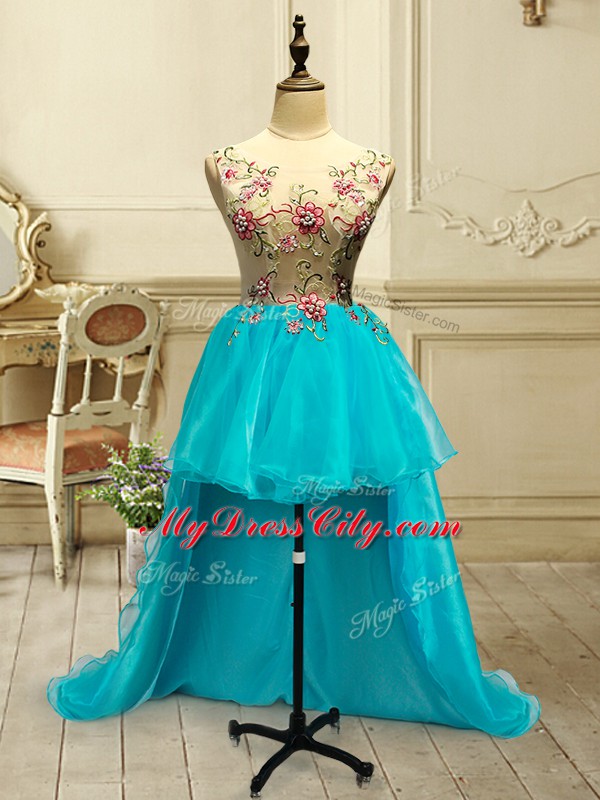 Exquisite Baby Blue Ball Gowns Organza Scoop Sleeveless Embroidery High Low Lace Up Prom Gown