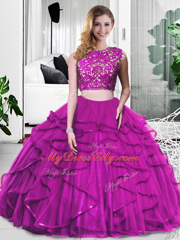 Scoop Sleeveless Tulle Quinceanera Gown Lace and Ruffles Zipper