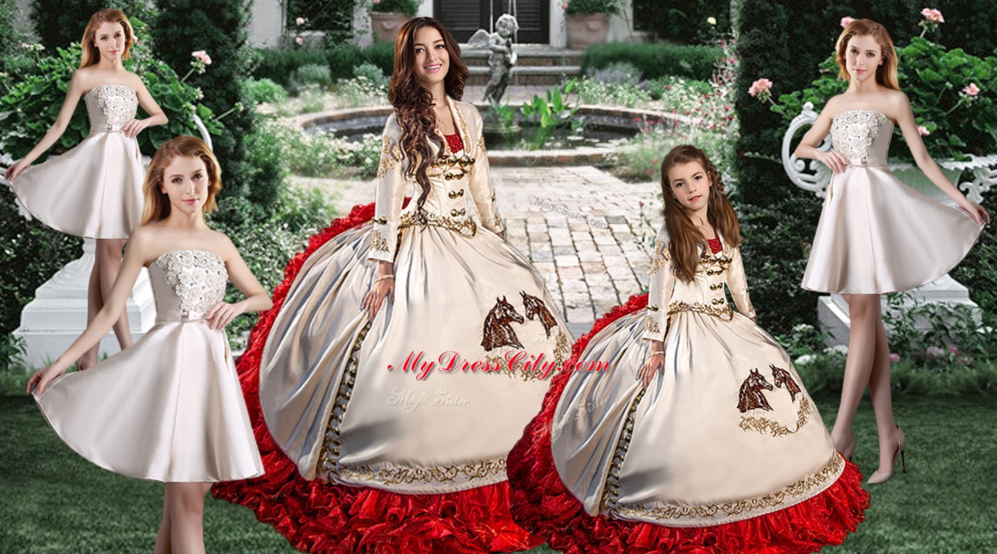 Nice White Taffeta Lace Up Sweetheart Long Sleeves Quinceanera Gowns Brush Train Embroidery