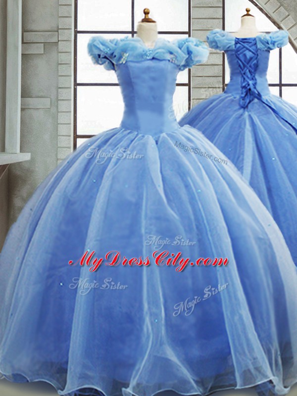 Captivating Light Blue Organza Lace Up Quinceanera Gowns Sleeveless Brush Train Pick Ups