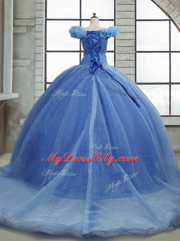 Captivating Light Blue Organza Lace Up Quinceanera Gowns Sleeveless Brush Train Pick Ups