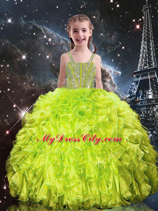 Yellow Green Pageant Dress Womens Quinceanera and Wedding Party with Beading and Ruffles Straps Sleeveless Lace Up