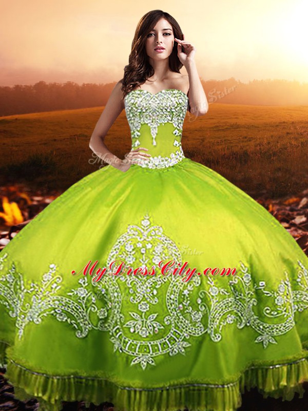 Comfortable Taffeta Sweetheart Sleeveless Lace Up Beading and Appliques Quince Ball Gowns in Yellow Green